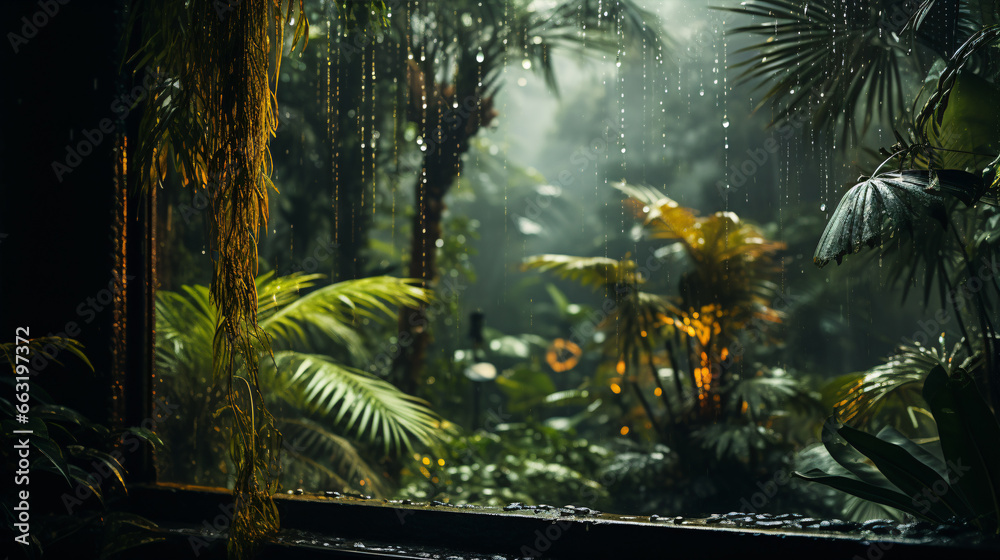 The humid monsoon-season of the tropics brings plentiful rain to a tranquil garden of palm trees.