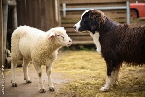 a sheep and a dog interacting in the farmyard