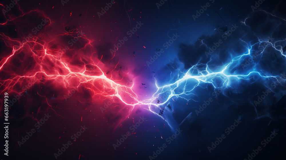 Opposition concept represented by a lightning bolt, with red and blue colors denoting a confrontation or struggle. - obrazy, fototapety, plakaty 