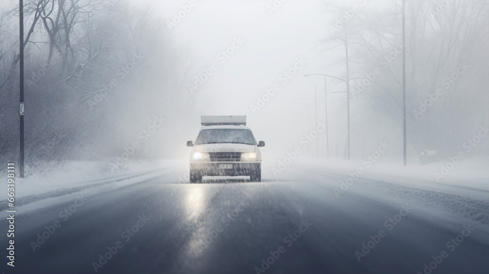 A car driving in a wintry blizzard with decreased visibility, headlights lit up.