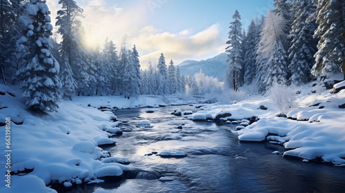 A frigid stream twists slowly through a frosty vista. © ckybe