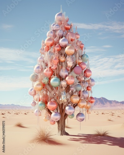 A pastel christmas tree adorned with surreal diamond baubles stands tall against the desert sky, surrounded by a beach of sand, creating a dreamlike holiday oasis photo