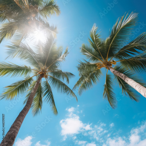 Summer holidays travel concept. Palm trees against blue sky