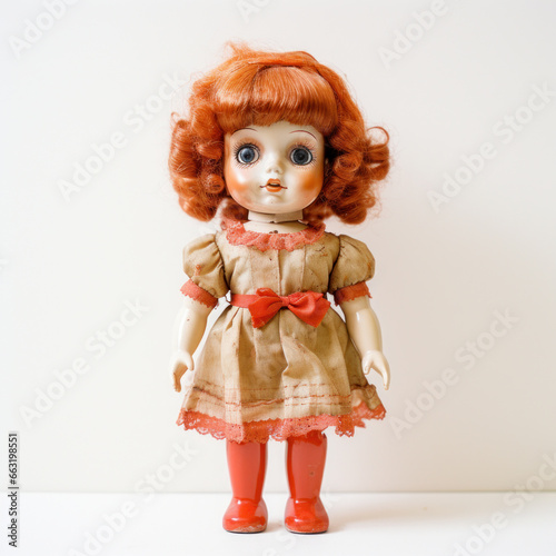 Vintage cute doll with red hair, in a strange dress. Retro doll on white background