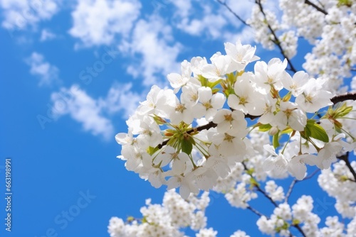 white cherry blossoms on a branch, against blue sky