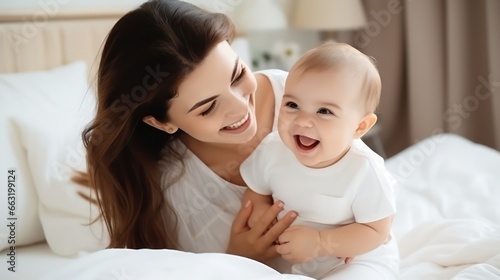 Mother holding laughing baby in home for love, care and quality time together to nurture childhood development. Happy mom, carrying and playing with infant girl kid for support, happiness and fun