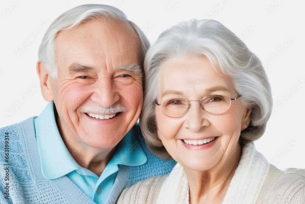 Portrait of posing happy senior couple on white background. Generative AI Portrait of posing happy senior couple on white background. Generative AI