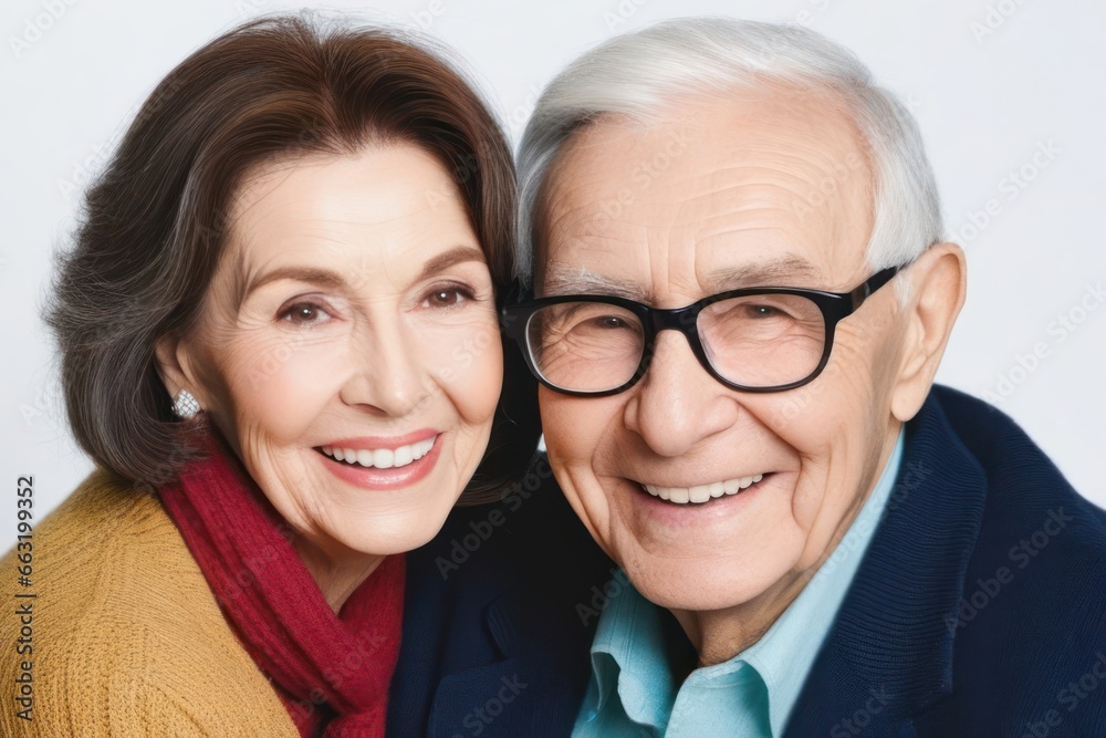 Portrait of posing happy senior couple on white background. Generative AI Portrait of posing happy senior couple on white background. Generative AI
