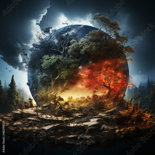 Climate change planet with fire and pollution