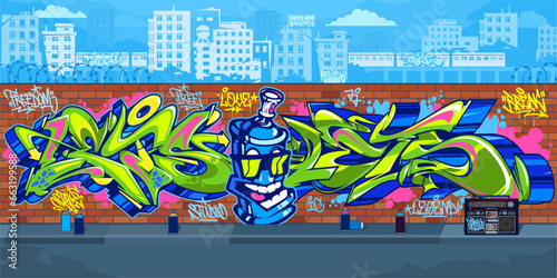 Colorful Outdoor Urban Streetart Graffiti Wall With Drawings Against The Background Of The Cityscape Vector Illustration