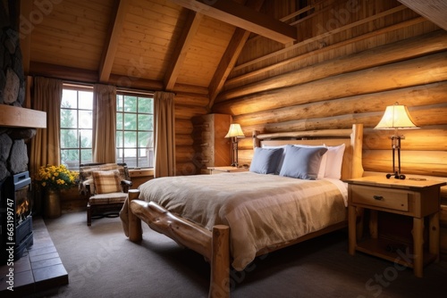 interior shot of a mountain lodge bedroom with rustic furniture © altitudevisual