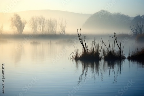 Murais de parede a tranquil morning scene of a misty marshland