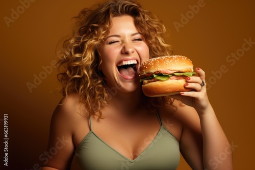 A pleased lady biting into a delectable burger with a well-lit background