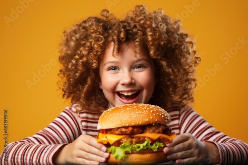 A joyful girl relishing a tasty burger on a vividly illuminated scene