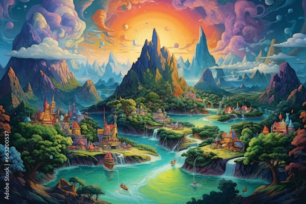 Landscape painting of stunning forest mountain with colorful magical village in natural background. Generative AI