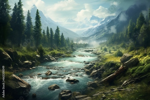 Desktop wallpaper featuring a forestpunk landscape with a river flowing through it. Generative AI © Makena