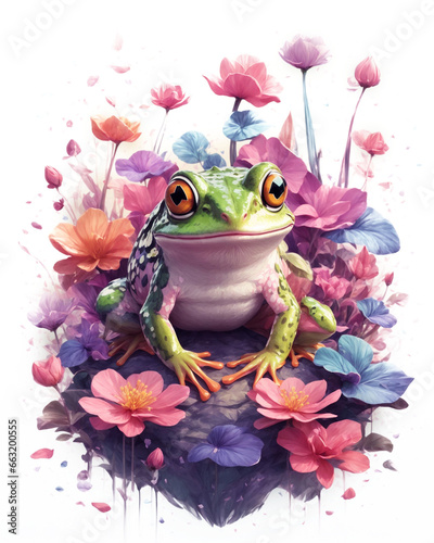 Digital illustration of a frog  a composition on a background of beautiful pink-purple flowers with a drawing effect  background for postcards and posters