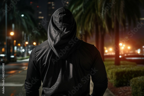 Fitness  black man and walking on city street after running  exercise and gym workout with a hoodie at night  Back of a male athlete in urban Miami for a walk and cardio training with a duffle bag
