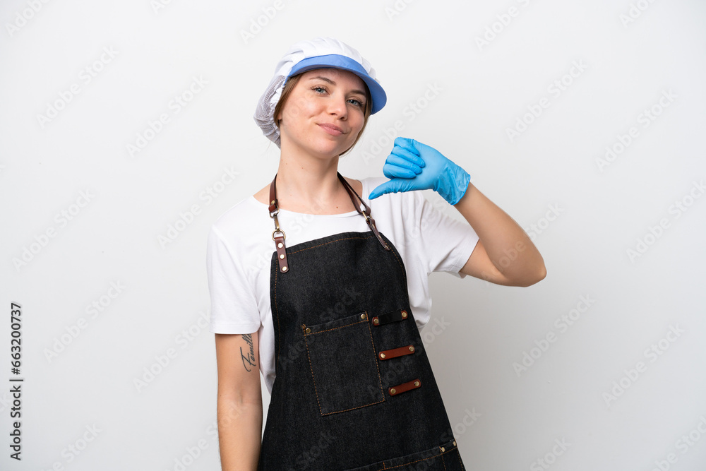 Fishmonger woman wearing an apron proud and self-satisfied Fishmonger woman wearing an apron proud and self-satisfied