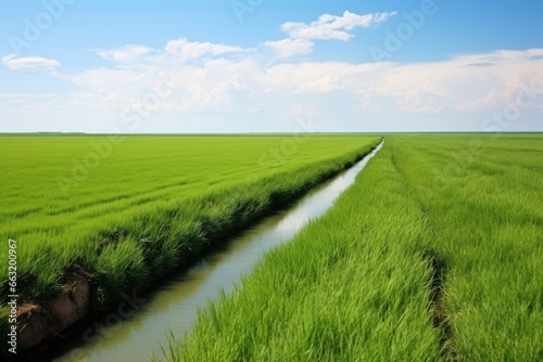 a ditch through a green field