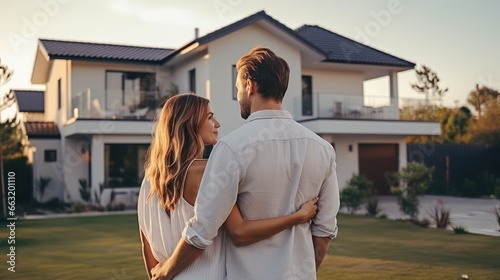 Couple embracing in front of their new big modern house, rear view. Buying your dream home. Mortgage, home loan concept