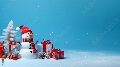 Merry Christmas background with snow drifts landscape, snowman, gift and Christmas trees. blue and white Christmas decorations. Vector illustration © Renata