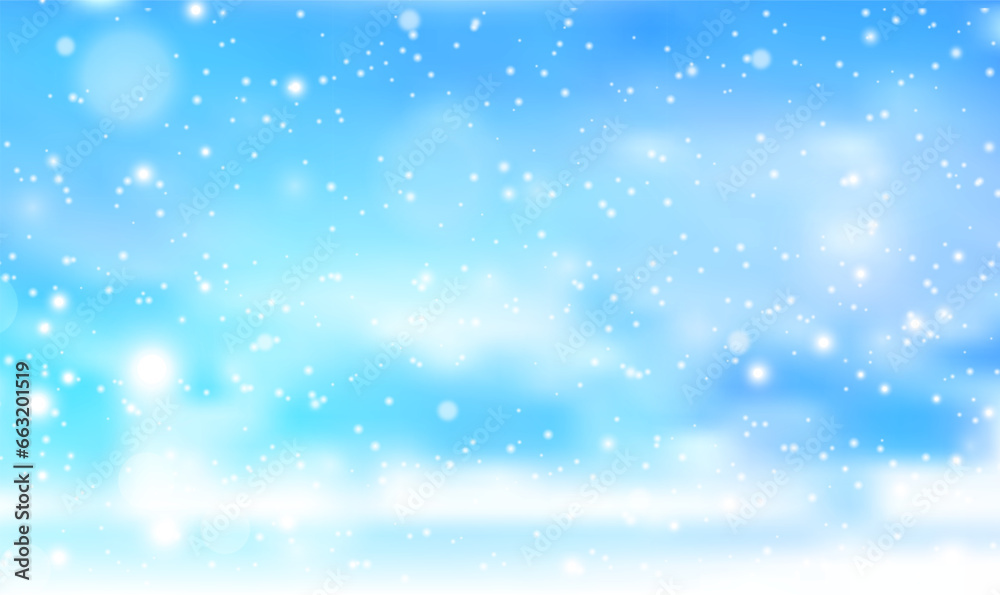 Natural winter Christmas background with blue sky, heavy snowfall, snowflakes and blurred bokeh. Happy new year greeting card. Christmas shining beautiful snow.Holiday winter vector illustration EPS10
