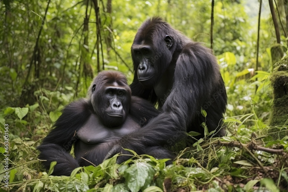 gorillas grooming each other in a forest