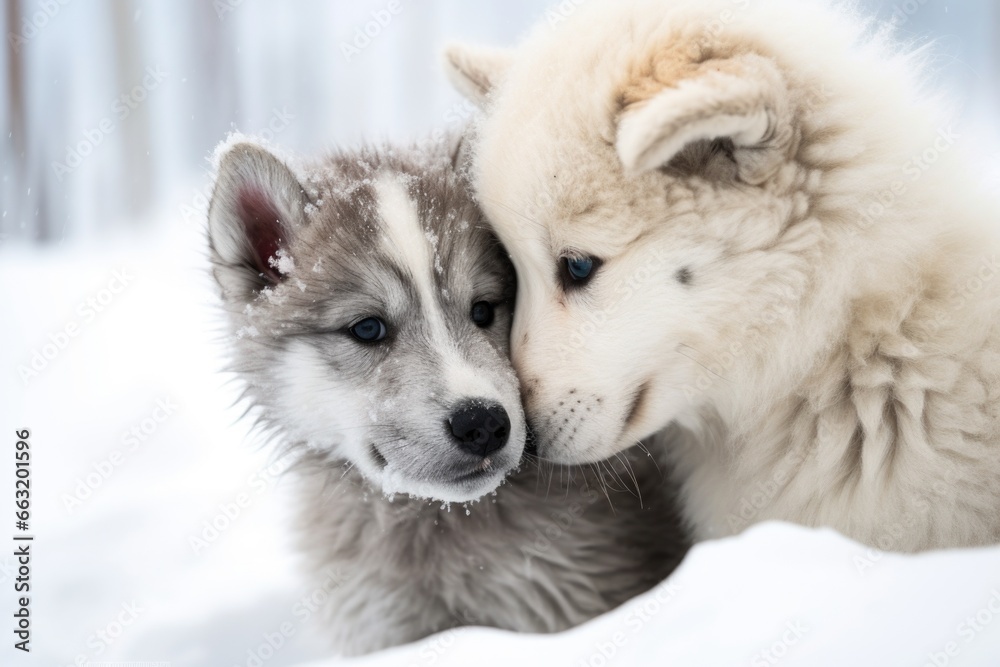 alpha wolf nuzzling a pup in a snowy landscape alpha wolf nuzzling a pup in a snowy landscape