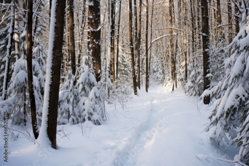 a trail of breadcrumbs in a deep, snow-covered forest