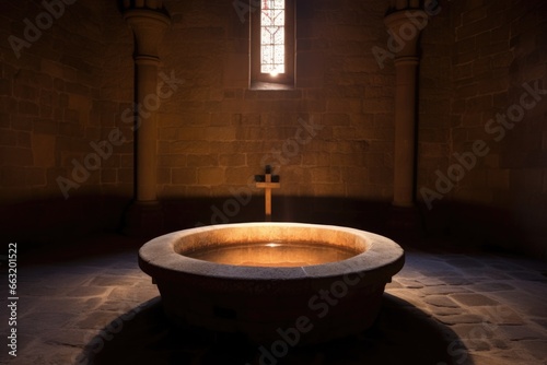 baptismal font made of stone illuminated by daylight photo