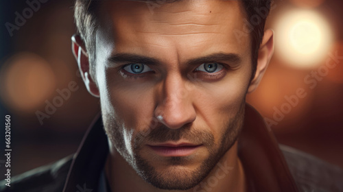 Striking headshot of a male actor with intense eyes, conveying a range of emotions