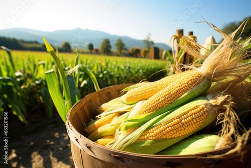 freshly picked bushel of corn on the field under a sunny day photo