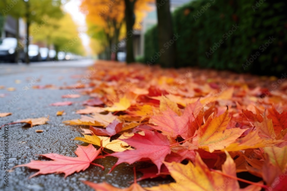 vibrant autumn leaves on a sidewalk