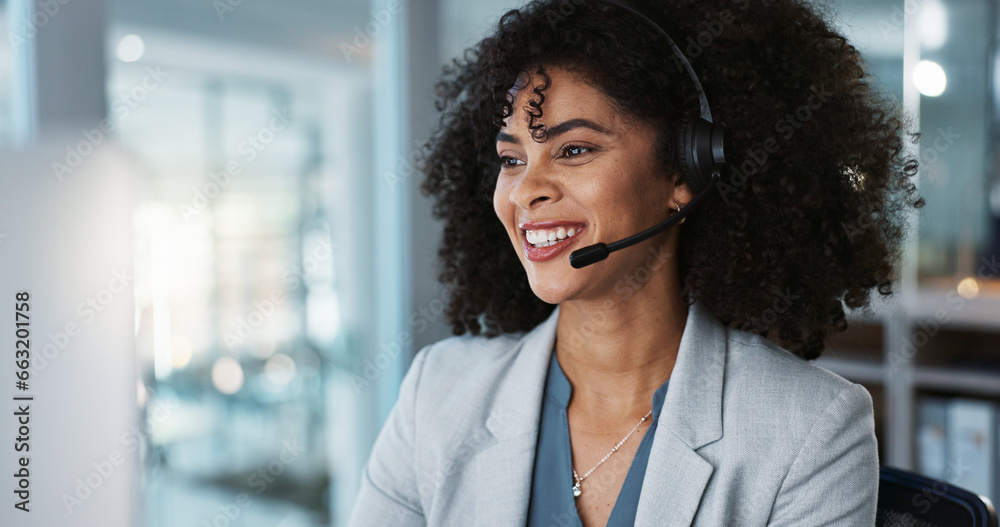 Computer, call center and funny woman in customer service, tech support and talk to contact at help desk. Communication, telemarketing and African sales agent laughing, consulting and crm advisory Computer, call center and funny woman in customer service, tech support and talk to contact at help desk. Communication, telemarketing and African sales agent laughing, consulting and crm advisory