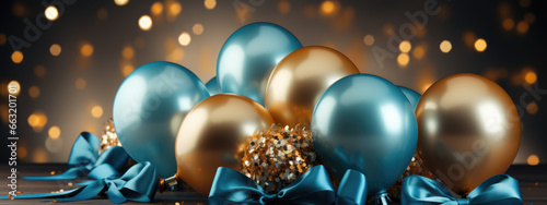 Generative ai illustration of Holiday background with golden and blue metallic ball