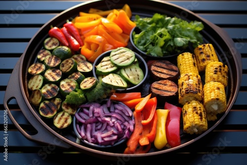 high-angle shot of a grill plate with colorful veggies