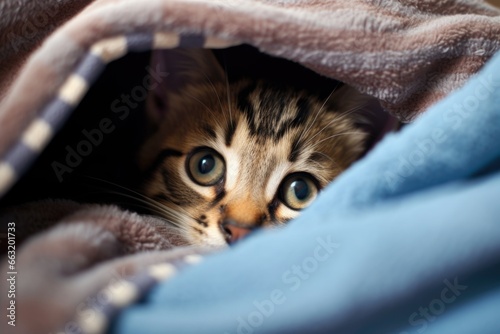 a kitten timidly hiding under a blanket photo