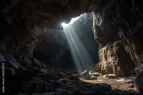 sunbeam illuminating a dark caves interior
