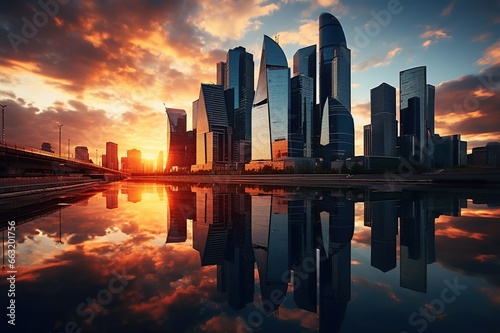 Abstract city skyline with modern high rise buildings skyscrapers reflected on calm water of river near bridge against cloudy sunset sky with copy space. AI Generative