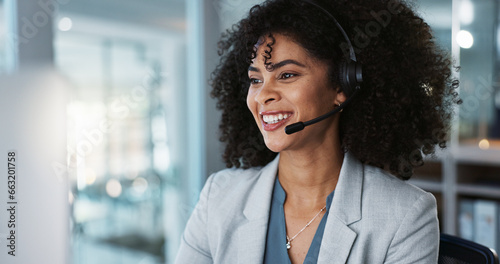 Fotografie Computer, call center and funny woman in customer service, tech support and talk to contact at help desk