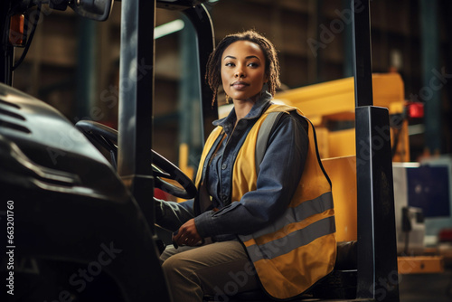 Forklift driver, black woman and logistics worker in industrial shipping yard, manufacturing industry and transport trade, Portrait of cargo female driving a vehicle showing gender equality at work