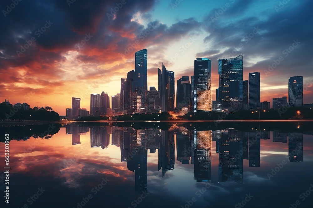 Abstract city skyline with modern high rise buildings skyscrapers reflected on calm water of river near bridge against cloudy sunset sky with copy space. AI Generative Abstract city skyline with modern high rise buildings skyscrapers reflected on calm water of river near bridge against cloudy sunset sky with copy space. AI Generative