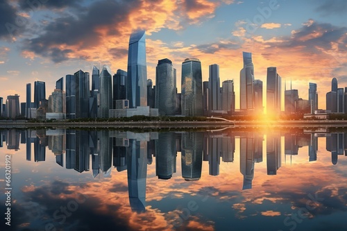 Abstract city skyline with modern high rise buildings skyscrapers reflected on calm water of river near bridge against cloudy sunset sky with copy space. AI Generative