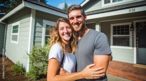 Happy couple standing in front of theirs new house 