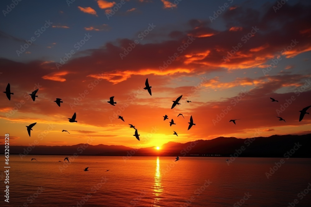 birds flying across a sunset
