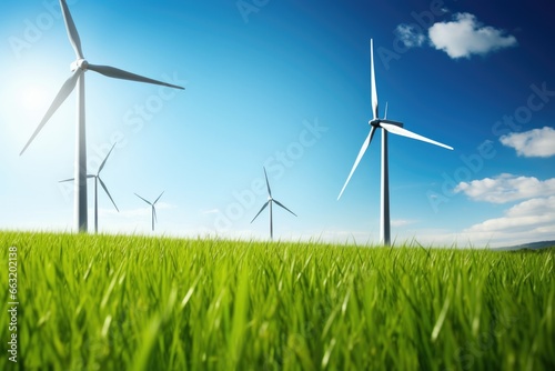 wind turbines in a green grass field against a clear sky