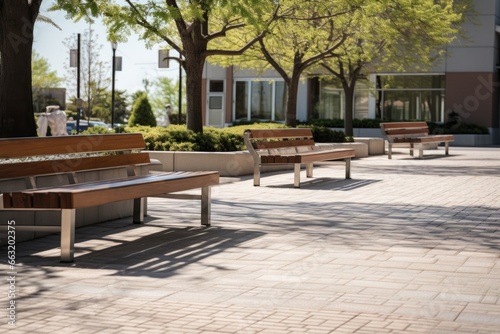 Tela outdoor setting with empty benches