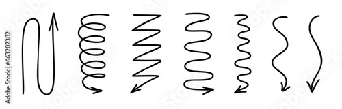 Spiral arrow thin line icon. Hand drawn zigzag, spring Coil, wave, thin line dynamic arrows. Vector design elements isolated.