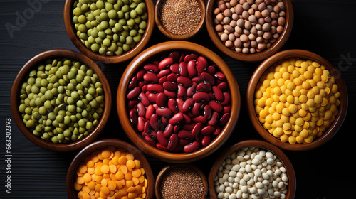 Different legumes .. white beans,, red beans, broken peas, chickpeas, lentils in bowls